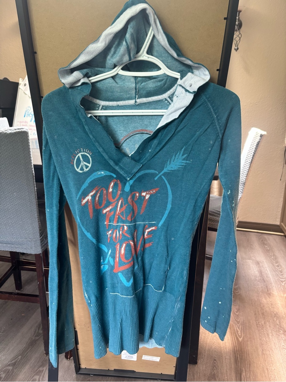 Affliction Hooded Long Sleeve Tunic Top Medium Y2K Graphic Hoodie Teal Blue Hood